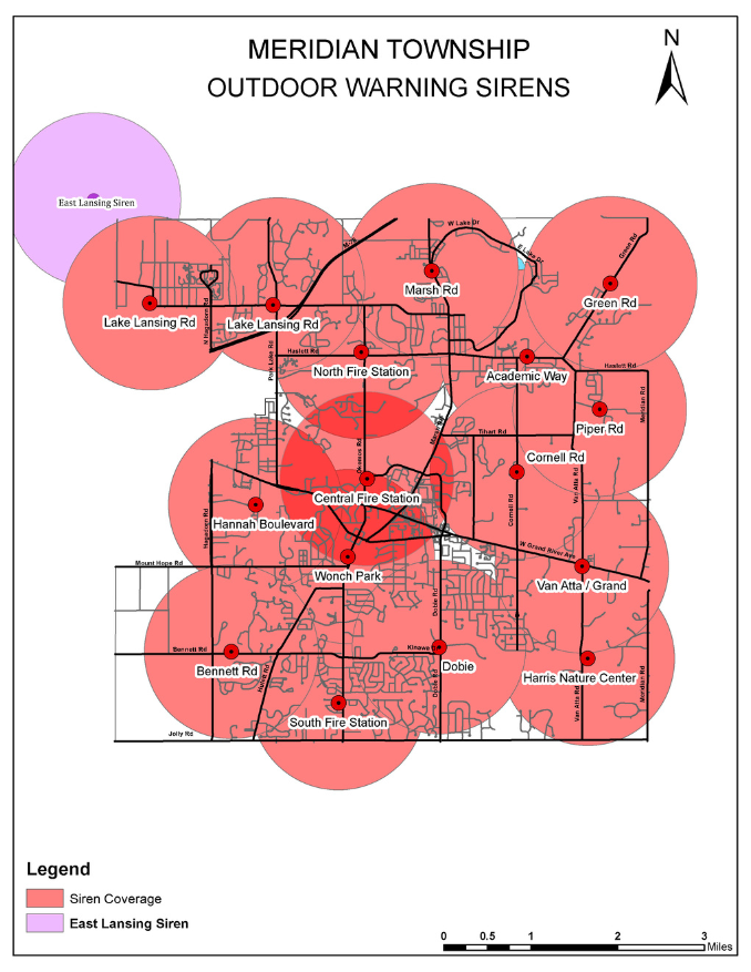 Graphic that shows the locations of the 16 warning sirens on a map