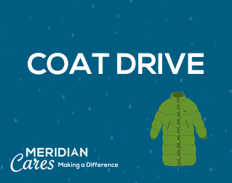 Graphic design that reads "Coat Drive" with the Meridian Cares logo