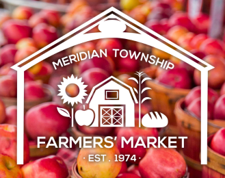 Photo of apples with the Meridian Township Farmers' Market logo over top of it