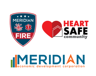 Graphic that shows the Meridian Township Fire Department logo, the HEARTSafe Community logo, and the Meridian Economic Development Corporation logo