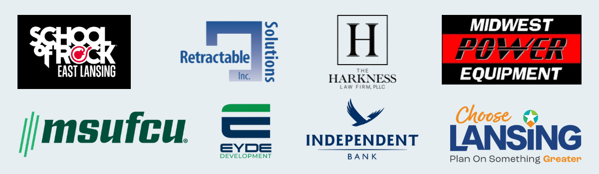 School of Rock East Lansing, Retractable Solutions, Harkness Law Firm, Midwest Power Equipment, MSUFCU, Eyde Development, Independent Bank, Choose Lansing